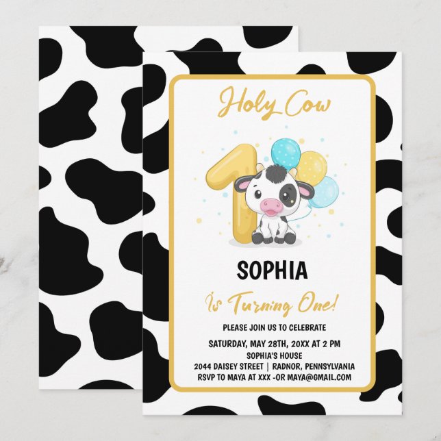 Holy Cow I'm One Cow 1st Birthday Invitation (Front/Back)