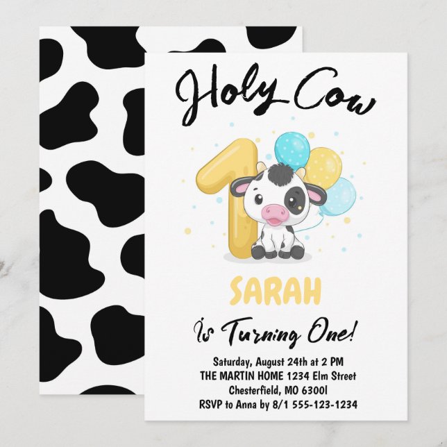Holy Cow I'm One Cow 1st Birthday Party Invitation (Front/Back)