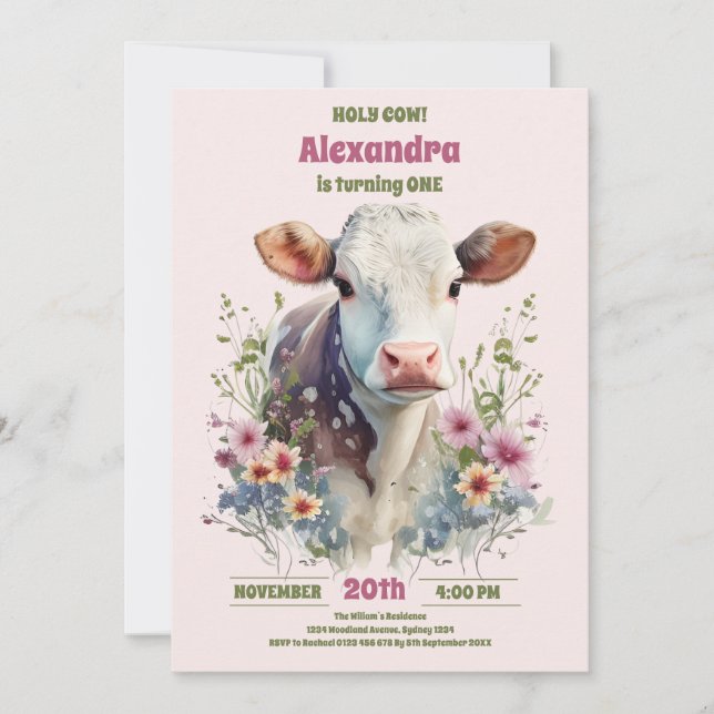 Holy Cow I'm One Cow Girl 1st Birthday Invitation (Front)