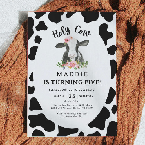 Holy Cow I'm One Cow Girl 5th Birthday  Invitation