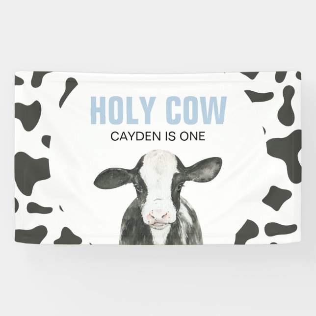 Holy Cow I'm One Cow Print Birthday Banner (Horizontal)