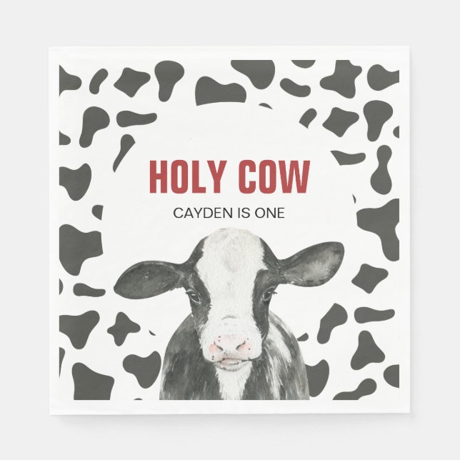 Holy Cow I'm One Cow Print birthday Napkins (Front)
