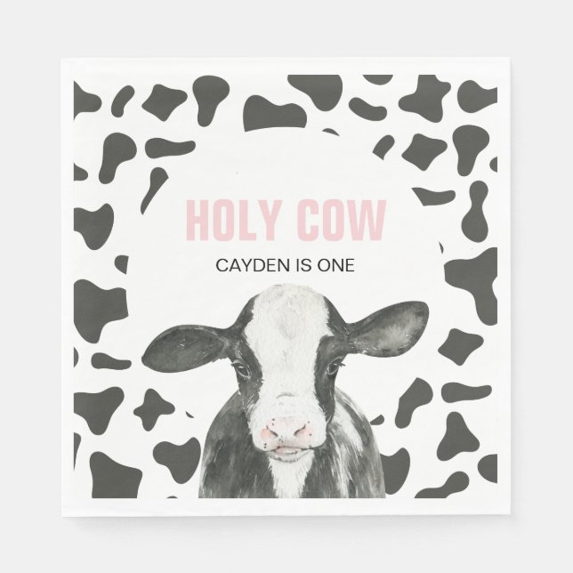 Holy Cow I'm One Cow Print birthday Napkins (Front)