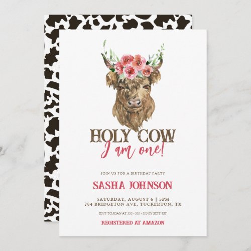 Holy Cow Im One Floral Girl Birthday Invitation