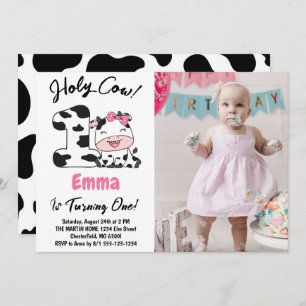 Holy Cow I'm One Girl 1st Birthday Photo Invitation