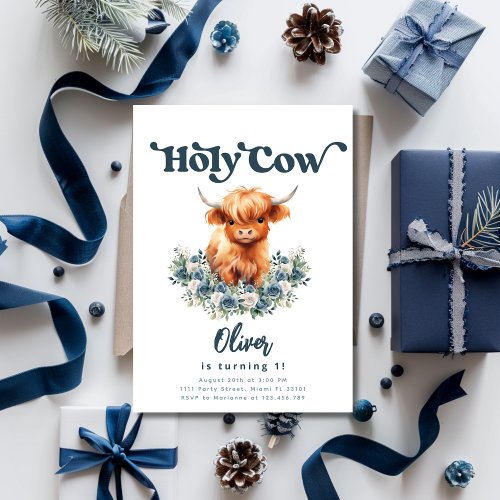 Holy Cow Im One Highland Cow Boy 1st Birthday Invitation