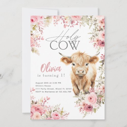 Holy Cow Im One Highland Cow Pink Floral Birthday Invitation