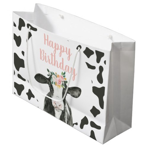 Holy Cow Im One Pink Floral and Cow Print Large Gift Bag