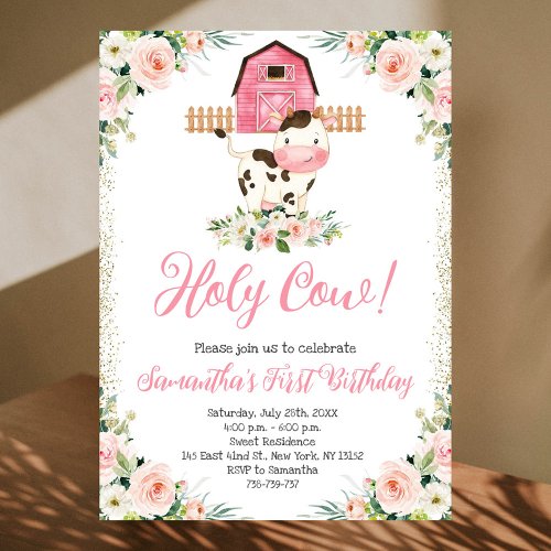 Holy Cow Im One Pink Floral Birthday Party Invitation