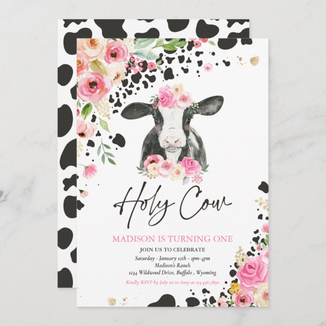 Holy Cow I'm One Pink Floral Farm Birthday Party Invitation (Front/Back)