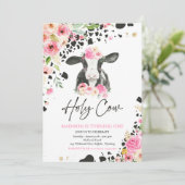 Holy Cow I'm One Pink Floral Farm Birthday Party Invitation (Standing Front)