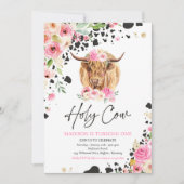 Holy Cow I'm One Pink Floral Farm Birthday Party Invitation (Front)