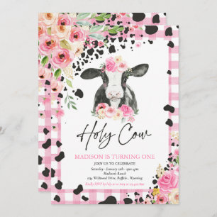 Holy Cow I'm One Pink Floral Farm Birthday Party Invitation