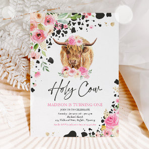 Holy Cow I'm One Pink Floral Farm Birthday Party Invitation