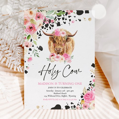 Holy Cow Im One Pink Floral Farm Birthday Party Invitation