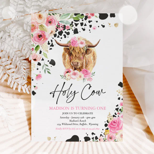 Holy Cow I'm One Pink Floral Farm Birthday Party Invitation | Zazzle