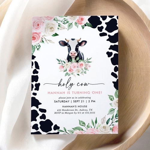 Holy Cow Im One Pink Floral Girl Cow 1st Birthday Invitation