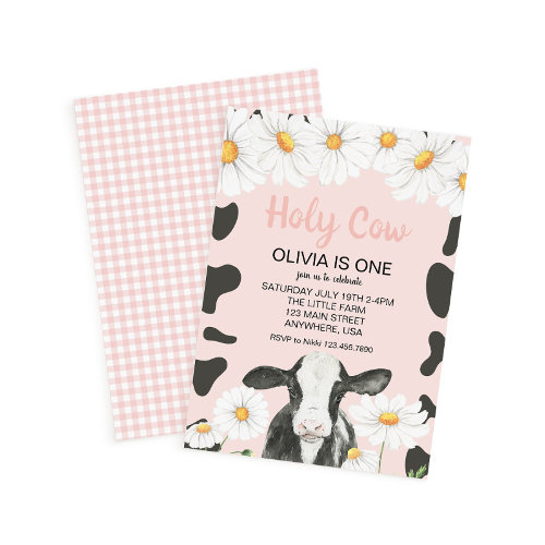 Holy Cow I'm One Pink Gingham Daisy Birthday Invit