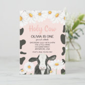 Holy Cow I'm One Pink Gingham Daisy Birthday Invit Invitation (Standing Front)