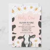 Holy Cow I'm One Pink Gingham Daisy Birthday Invit Invitation (Front)