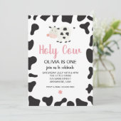 Holy Cow I'm One Pink Gingham Daisy Birthday Invitation (Standing Front)
