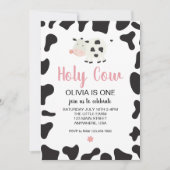 Holy Cow I'm One Pink Gingham Daisy Birthday Invitation (Front)