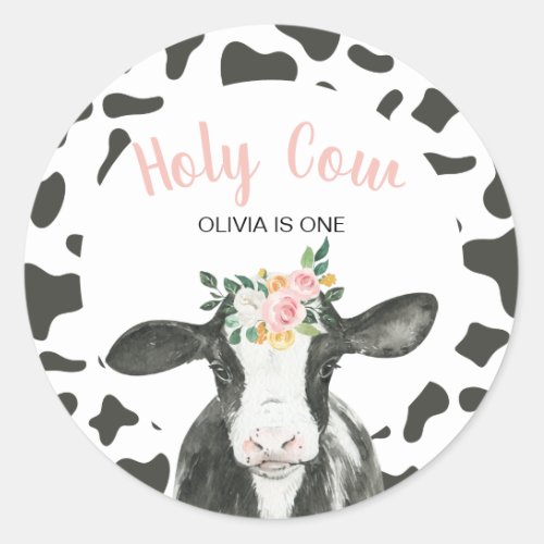 Holy Cow Im One Pink Gingham floral Birthday Classic Round Sticker
