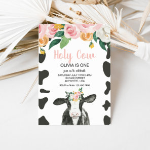 Holy Cow I'm One Pink Gingham floral Birthday Invi Invitation