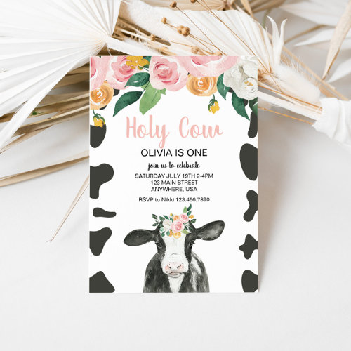 Holy Cow I'm One Pink Gingham floral Birthday Invi