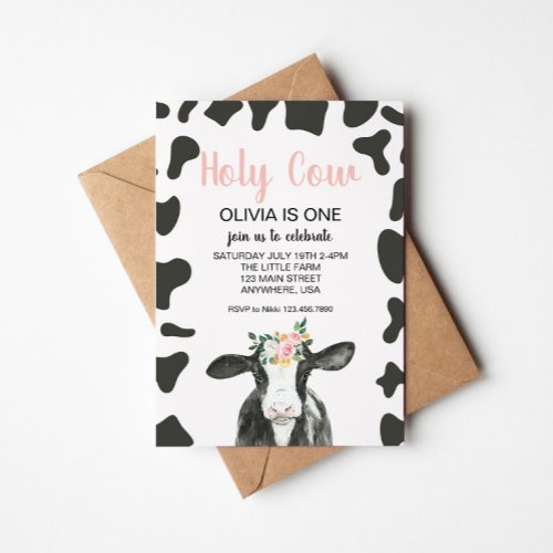 Holy Cow Im One Pink Gingham floral Birthday Invitation
