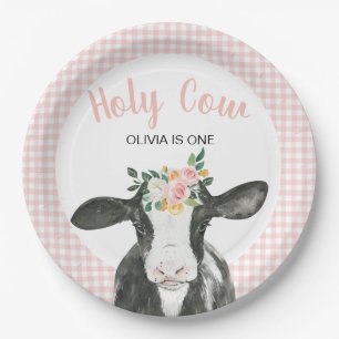 Holy Cow I'm One Pink Gingham floral Birthday Pape Paper Plates