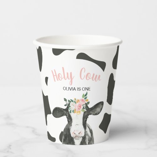 Holy Cow Im One Pink Gingham floral Birthday Paper Cups