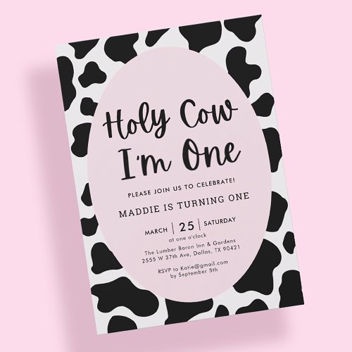 Holy Cow Im One Pink Girl 1st Birthday Invitation