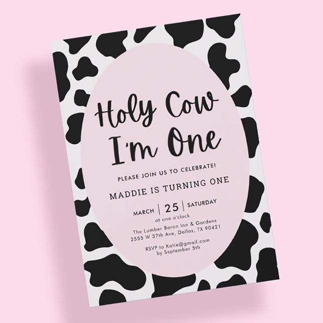 Holy Cow I'm One Pink Girl 1st Birthday Invitation (Creator Uploaded)