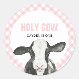 Holy Cow I'm One Pink Plaid birthday Classic Round Sticker