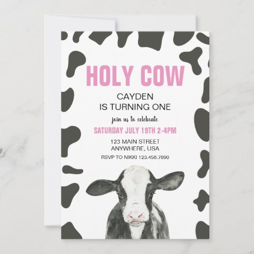 Holy Cow Im One Pink Plaid Birthday Invitation