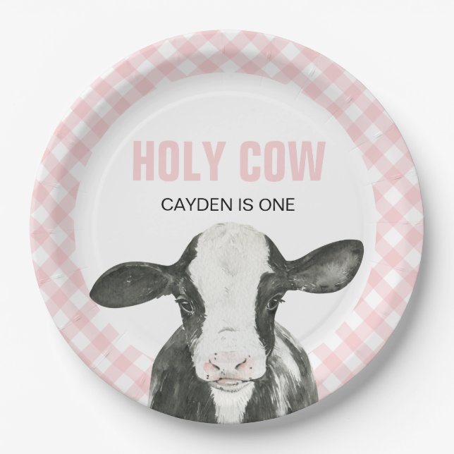 Holy Cow I'm One Pink Plaid birthday Paper Plates (Front)