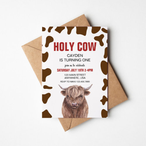 Holy Cow I'm One Red Plaid Birthday Invitation