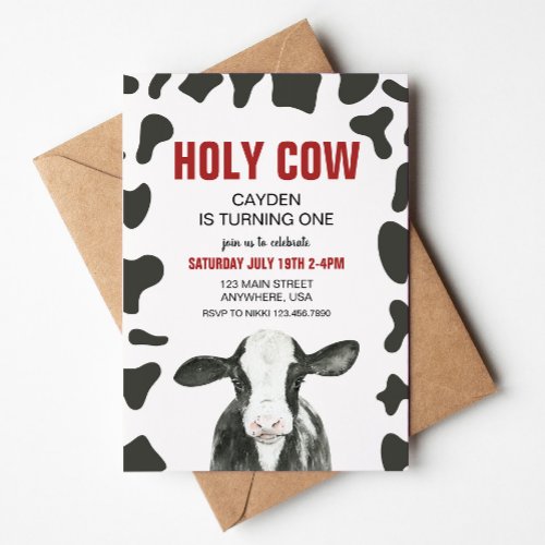Holy Cow Im One Red Plaid Birthday Invitation
