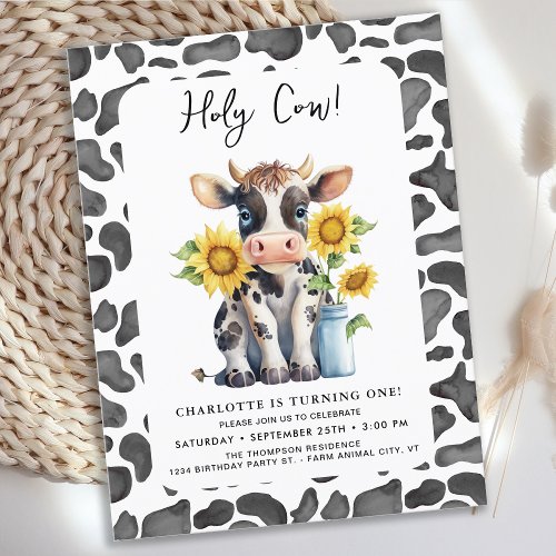 Holy Cow Im One Sunflowers Farm 1st Birthday Invitation Postcard