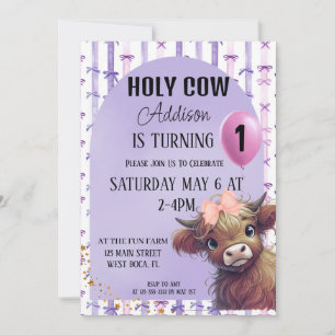 Holy Cow I'm One Watercolor Purple Bow Invitation