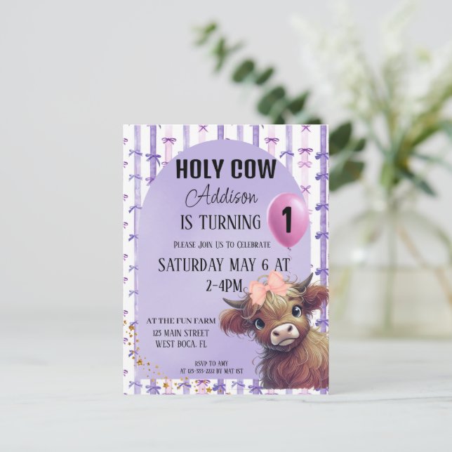 Holy Cow I'm One Watercolor Purple Bow Invitation Postcard (Standing Front)