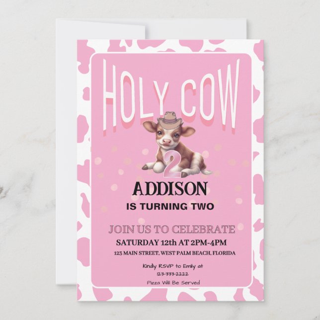 Holy Cow I'm Two Pink Coquette Birthday Party Invitation (Front)