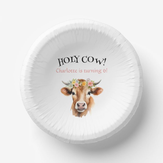 Holy Cow Jersey Cow Floral Girl's Birthday Paper Bowls (Front)