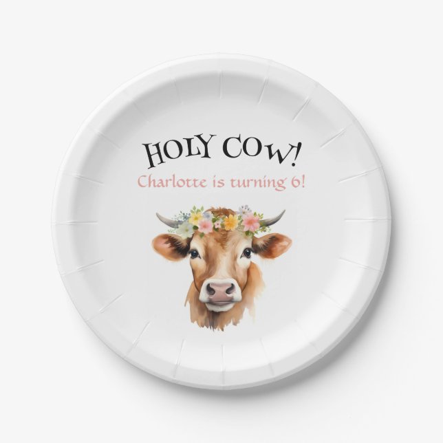 Holy Cow Jersey Cow Floral Girl's Birthday Paper Plates (Front)