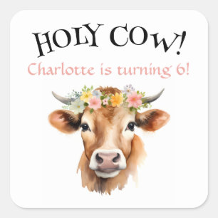 Holy Cow Jersey Cow Floral Girl's Birthday Square Sticker