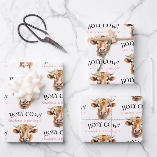 Holy Cow Jersey Cow Floral Girls Birthday Wrapping Paper Sheets