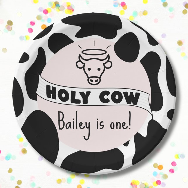 Holy Cow Kid Birthday Party Cow Print Cute Modern  Paper Plates (Holy cow birthday plate with custom name and age cow print pink bday party plate)