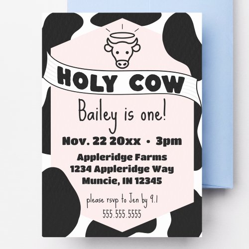 Holy Cow Kids Cow Print Cute Modern Birthday  Invitation