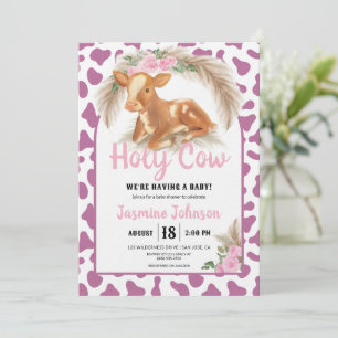 Holy Cow Magenta Watercolor Floral Baby Girl Calf  Invitation